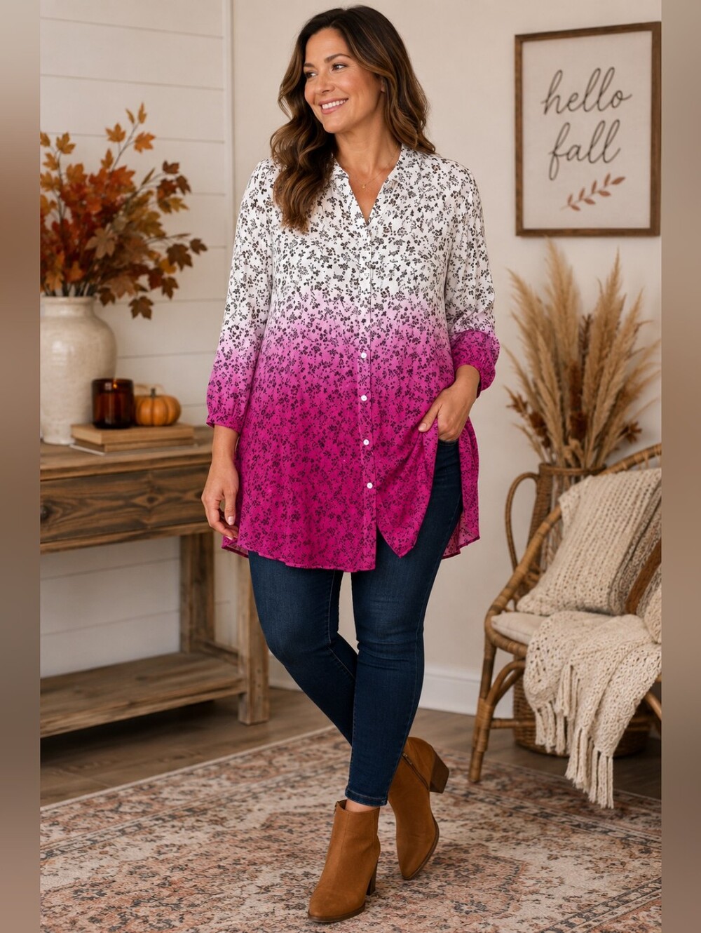 Umgee Large Pink Ombre Floral Tunic Button Front Boho Top